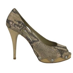 STUART WEITZMAN IRIDESCENT SNAKESKIN PEEP TOE WOOD HEEL PLATFORM HEELS